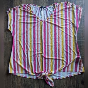 Cure Womens Colorful Striped Sleeveless Blouse w/ Grommet Accents & Front Tye 1X